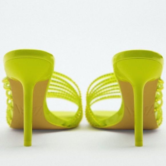 Zara Vinyl Lime Green Rhinestone Squared Toe High Heels Sandals Shoes - Picture 10 of 14